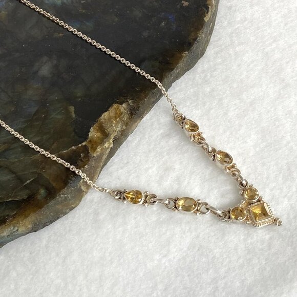 Sterling Silver 925 Multi Gemstone Citrine Collar V Necklace Cable Chain 17" - Picture 5 of 16